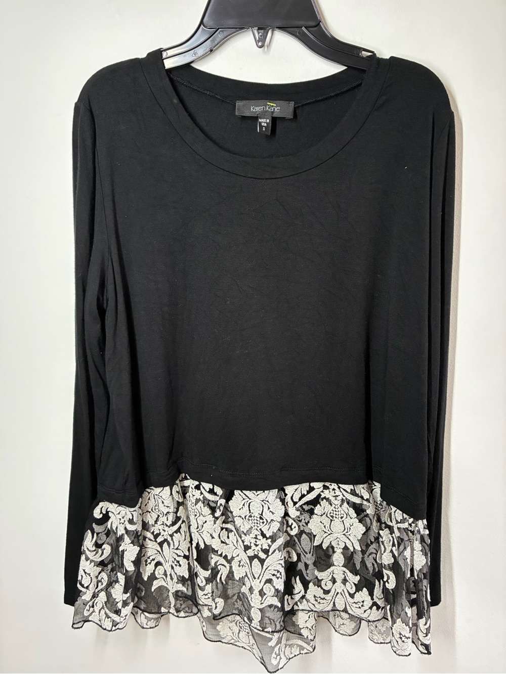 Karen Kane Black Long-Sleeve Top with Cream Lace Hem
